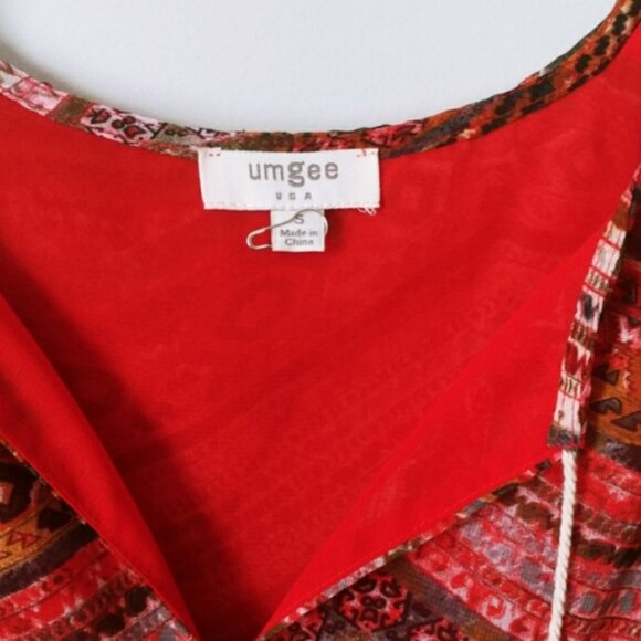Umgee Red Boho Print V Neck Mini Dress Size Small - Picture 6 of 6